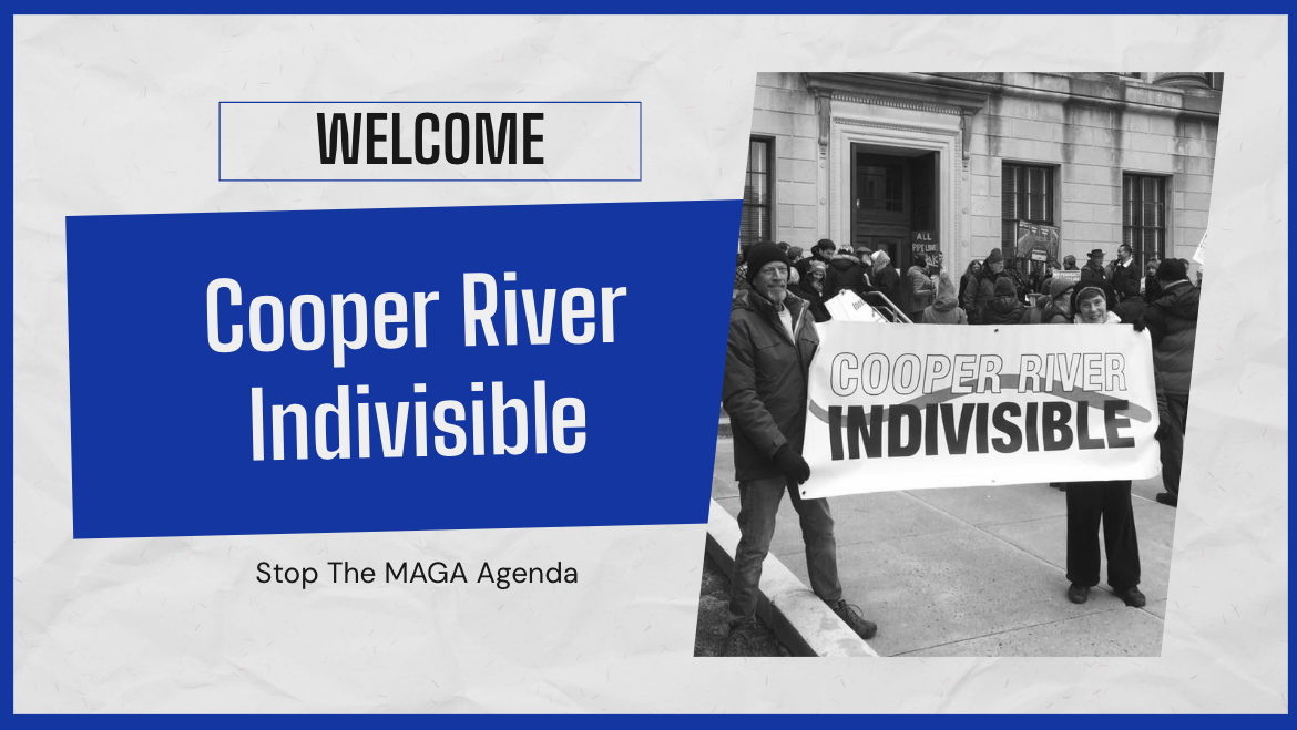 Splash Screen for the slide presentation for the February Meeting. It is an image of two members holding the Cooper River Indivisible sign at a rally